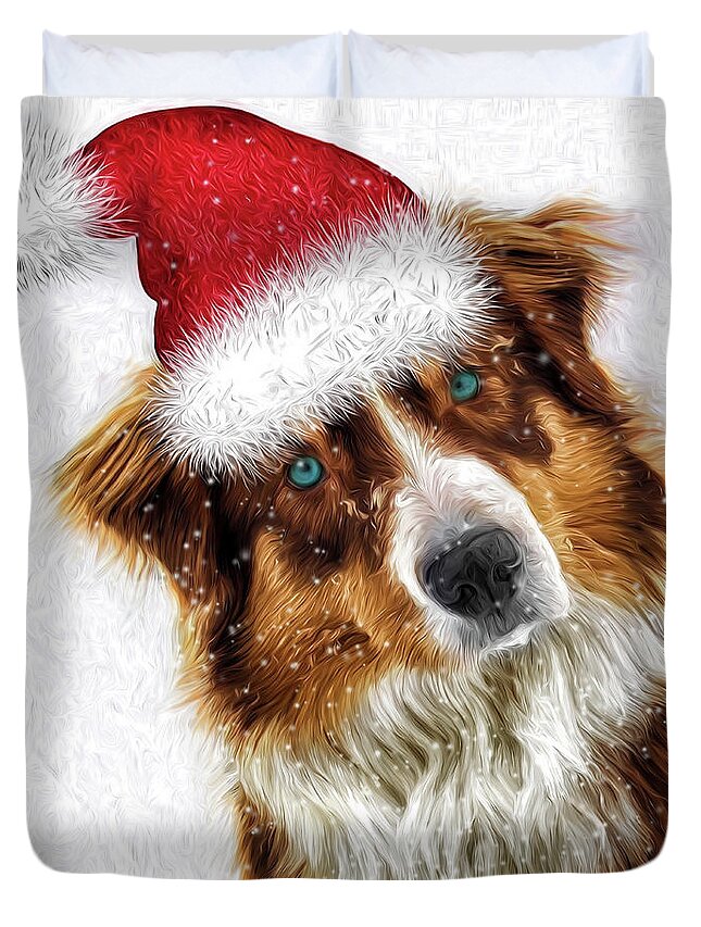 Christmas Duvet Cover featuring the digital art Austrailian Shepherd Santa by Doreen Erhardt