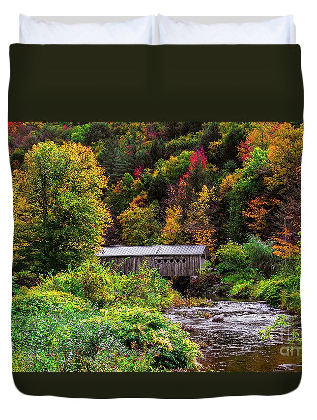 Vermont Duvet Cover featuring the photograph Autumn At The Comstock Covered Bridge by Scenic Vermont Photography
