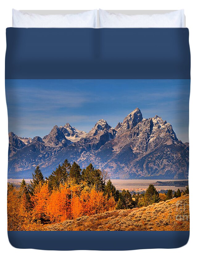 Grand Teton Duvet Cover featuring the photograph Autumn Gold In The Tetons by Adam Jewell