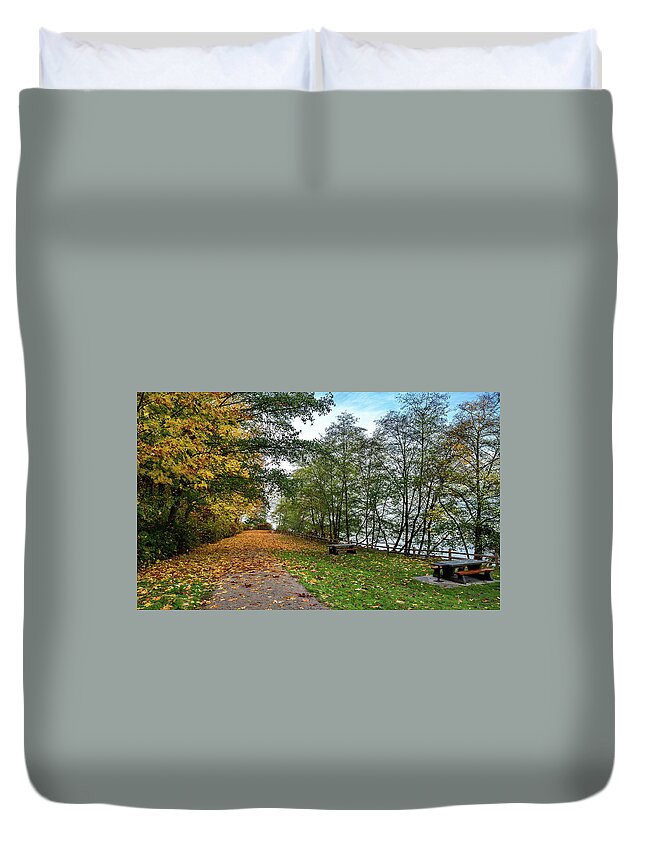 Alex Lyubar Duvet Cover featuring the photograph Autumn landscape with picnic area by Alex Lyubar