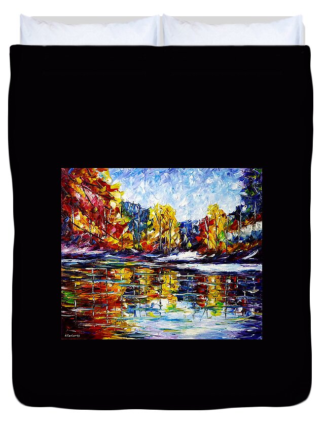 Autumn Lovers Duvet Cover featuring the painting Autumn Mood At The Lake by Mirek Kuzniar