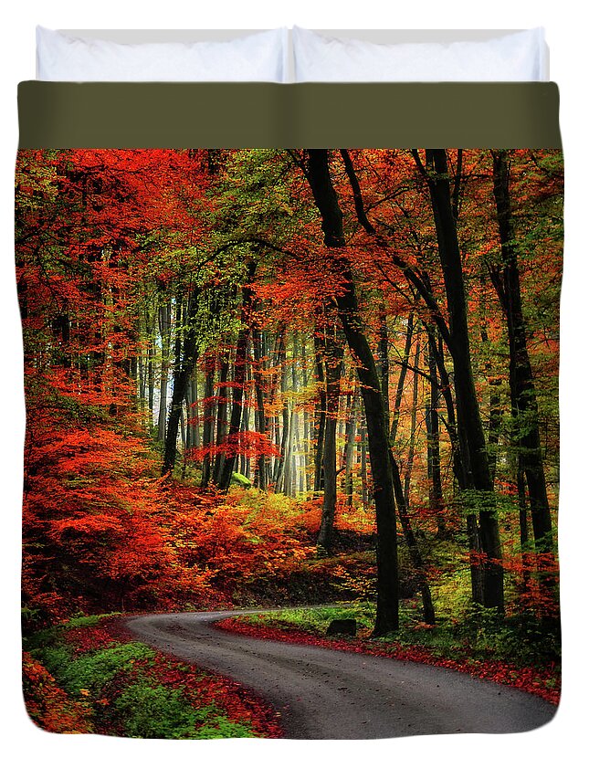 Autumn Duvet Cover featuring the photograph Autumn Road by Philippe Sainte-Laudy
