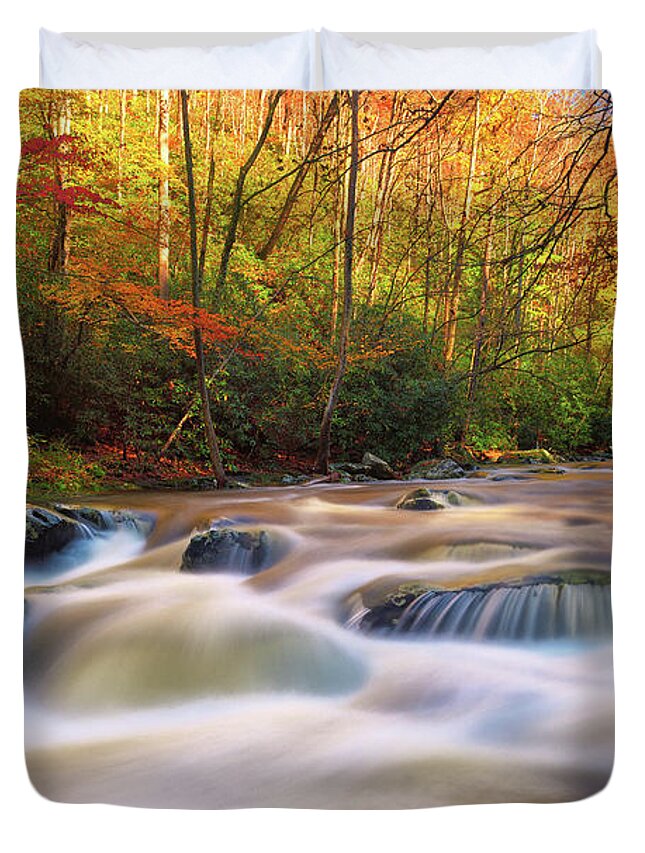 Great Smoky Mountains National Park Duvet Cover featuring the photograph Autumn Rush by Greg Norrell