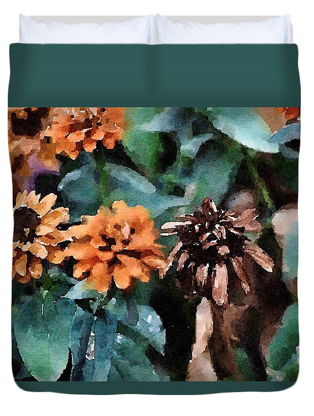 Autumn Duvet Cover featuring the painting Autumn Zinnias by Bonnie Bruno