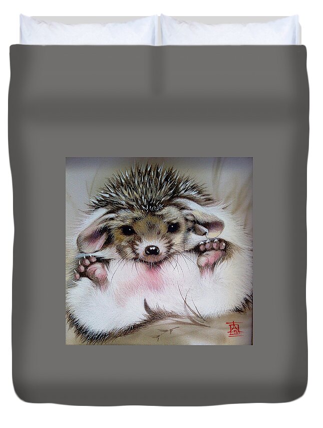 Russian Artists New Wave Duvet Cover featuring the painting Awakened Baby Hedgehog by Alina Oseeva