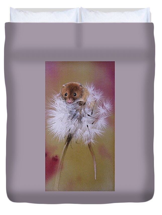 Russian Artists New Wave Duvet Cover featuring the painting Baby Mouse on Dandelion by Alina Oseeva
