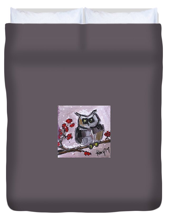 Owl Duvet Cover featuring the painting Baby Owl with Berries by Roxy Rich