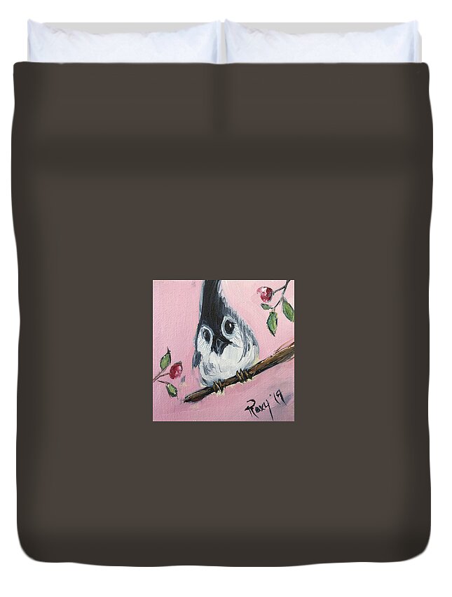 Titmouse Duvet Cover featuring the painting Baby Tufted Tit Mouse by Roxy Rich