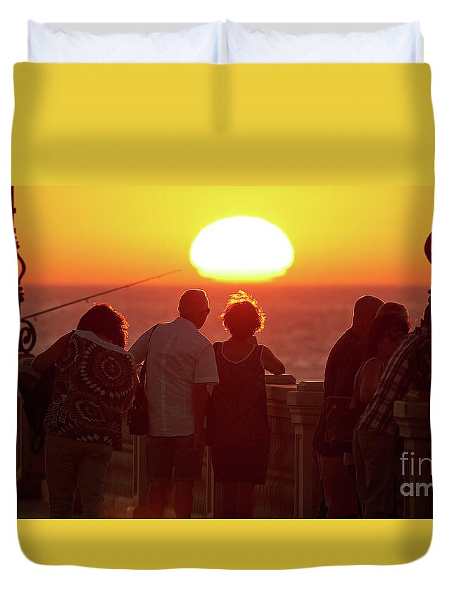 Happiness Duvet Cover featuring the photograph Back lighted Couple Staring at the Sunset by Pablo Avanzini