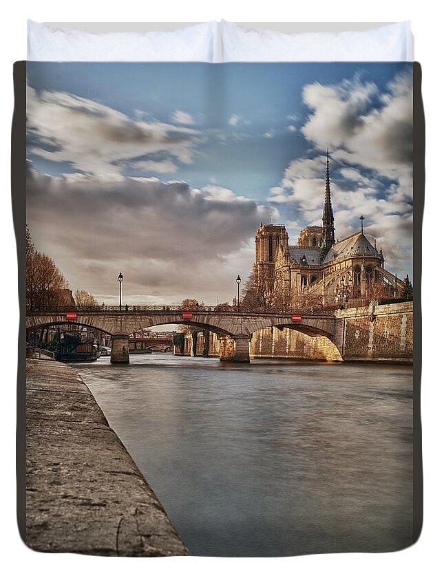 Arch Duvet Cover featuring the photograph Back Of Notre Dame by Cyril Couture @