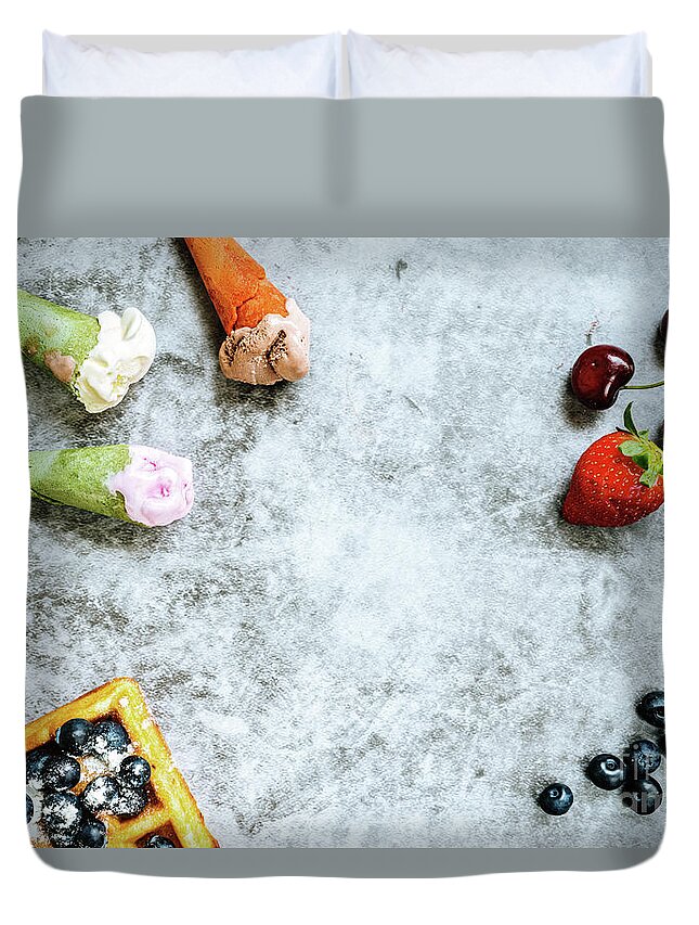 Above Duvet Cover featuring the photograph Background of tasty and sweet foods with red fruits and waffles, by Joaquin Corbalan