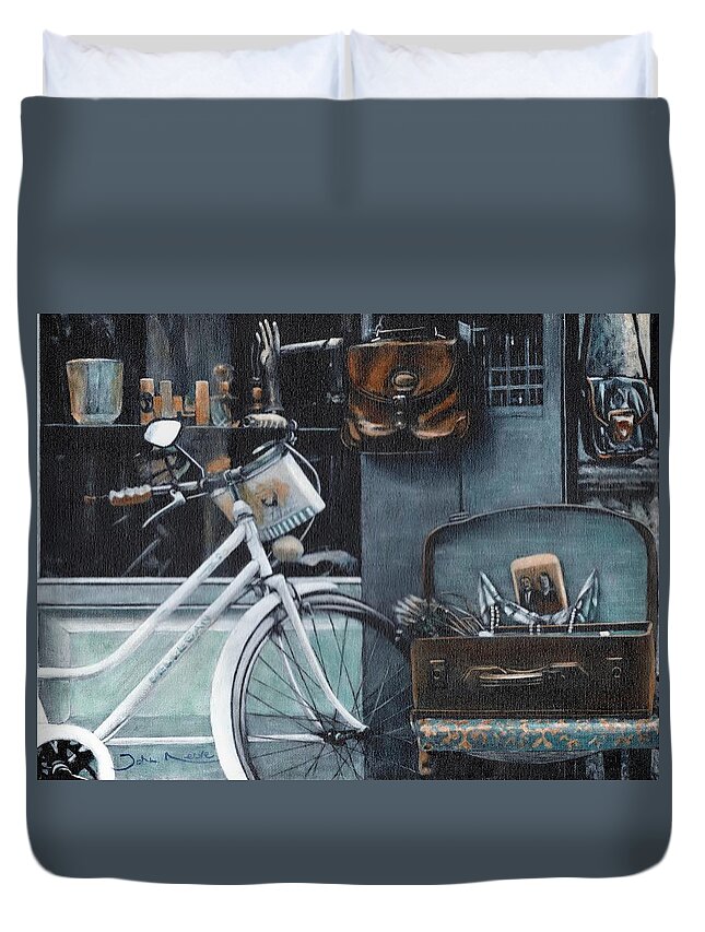 Bicycle Duvet Cover featuring the painting Bagging a bargain by John Neeve