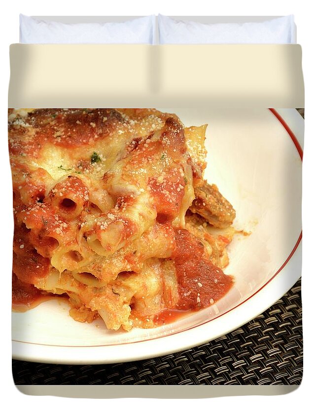 Food Duvet Cover featuring the photograph Baked Ziti Serving 2 by Angie Tirado