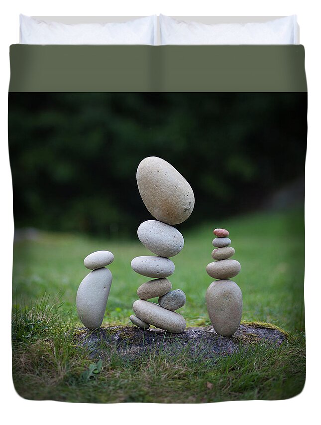 Meditation Zen Yoga Mindfulness Stones Nature Land Art Balancing Sweden Duvet Cover featuring the sculpture Balancing art #35 by Pontus Jansson