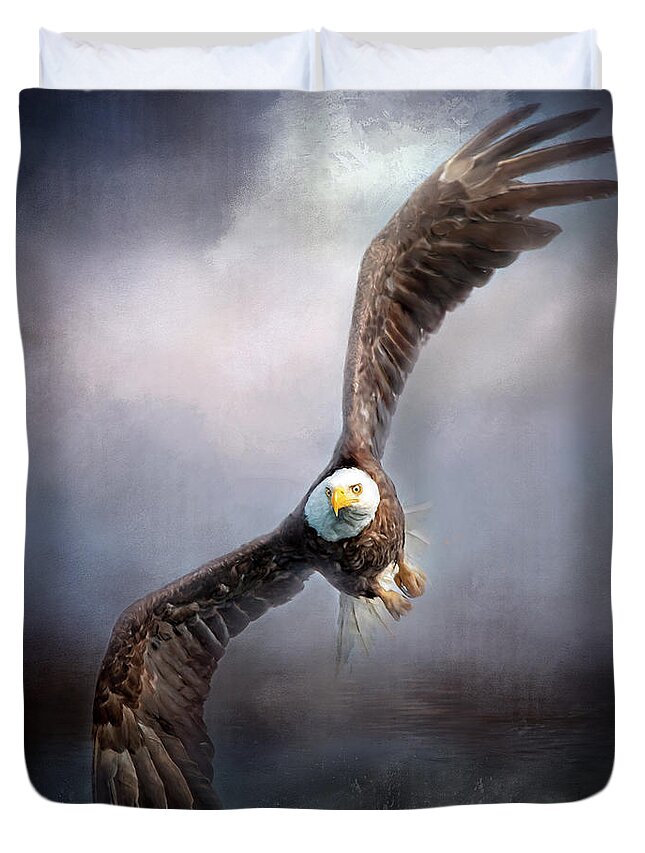 Bald Eagle Duvet Cover featuring the digital art Bald Eagle Bank Right by Jeanette Mahoney