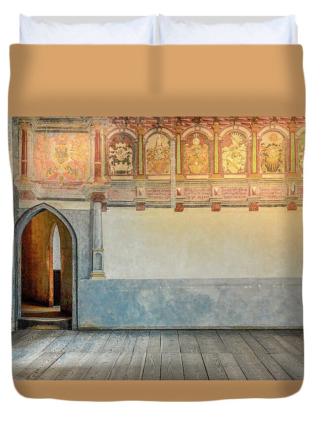 Chateau Chillon Duvet Cover featuring the photograph Hall of the Bailiffs, Chateau Chillon by Marcy Wielfaert
