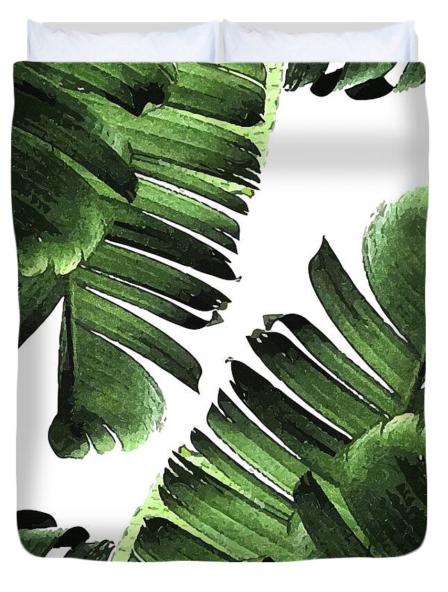 Leaf Duvet Cover featuring the mixed media Banana Leaf - Tropical Leaf Print - Botanical Art - Modern Abstract - Green, Olive by Studio Grafiikka