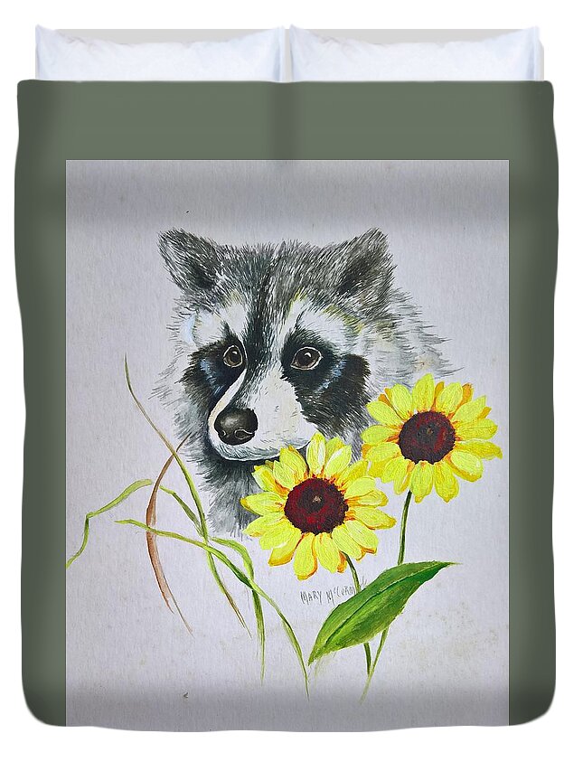 Raccoons Duvet Cover featuring the painting Bandit and the Sunflowers by ML McCormick