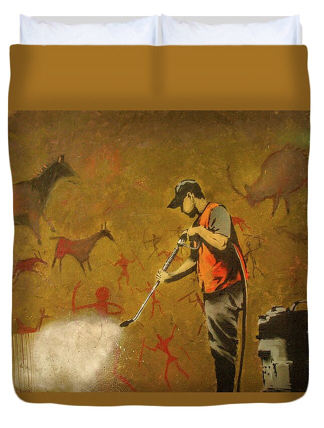 Banksy Duvet Cover featuring the photograph Banksy's Cave Painting Cleaner by Gigi Ebert