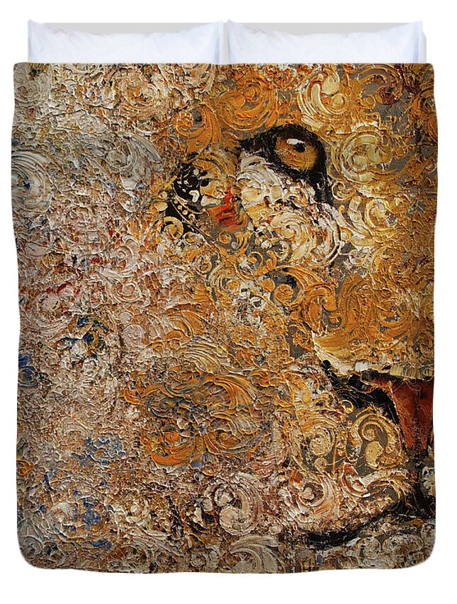 Cat Duvet Cover featuring the painting Barbary Lion by Michael Creese
