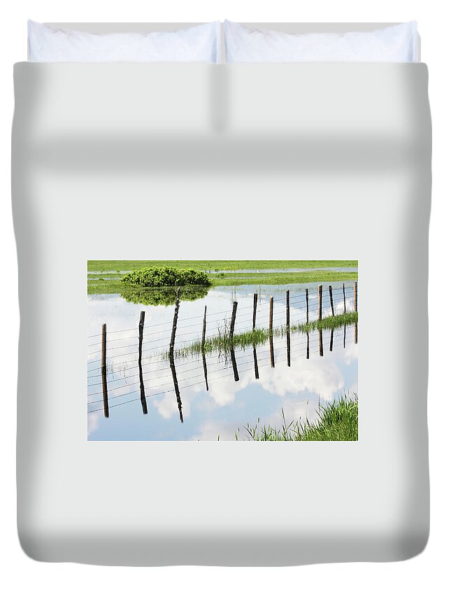 Scenics Duvet Cover featuring the photograph Barbed Wire Fence Farm Pond by Chuckschugphotography