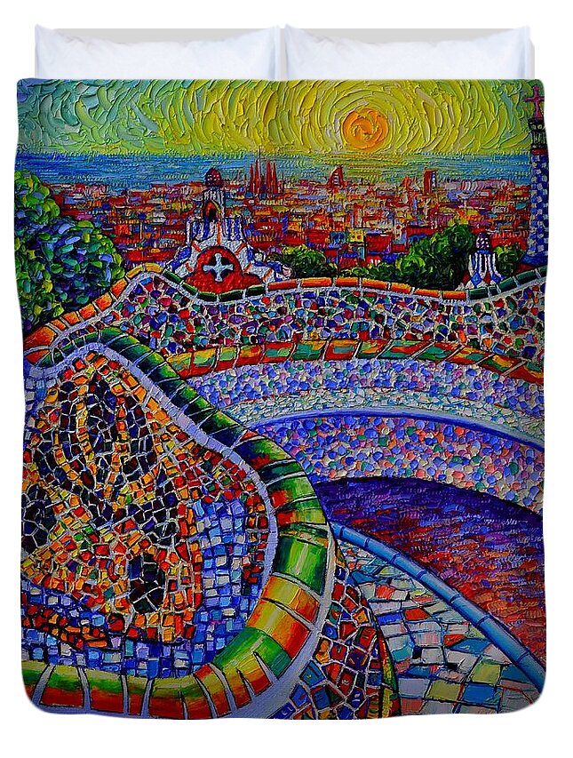 Barcelona Duvet Cover featuring the painting BARCELONA PARK GUELL SUNRISE modern impressionist impasto knife oil painting Ana Maria Edulescu by Ana Maria Edulescu