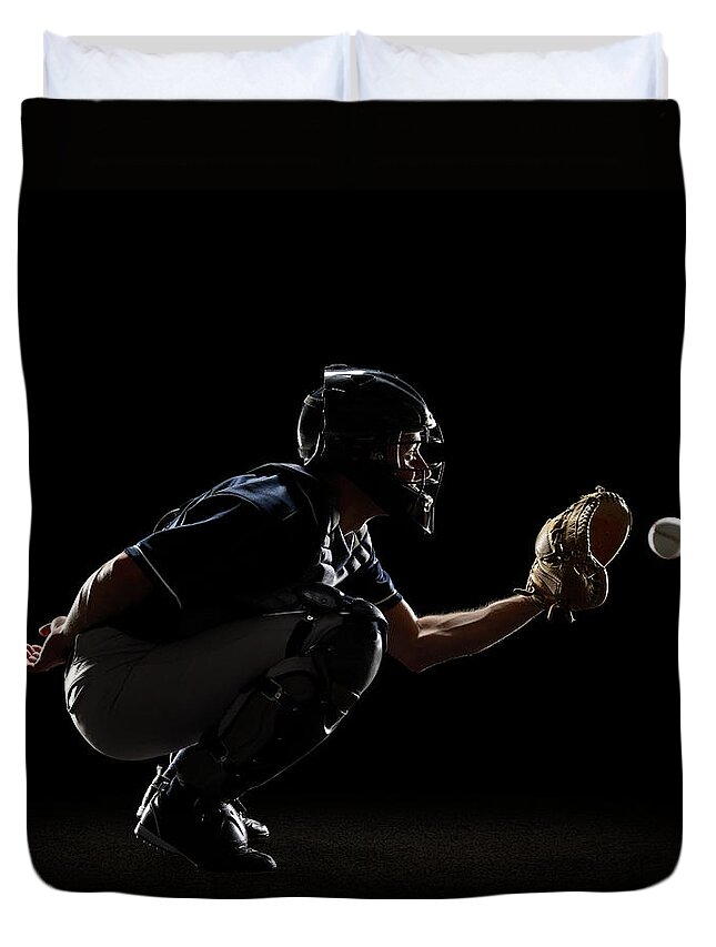 Sports Helmet Duvet Cover featuring the photograph Baseball Catcher Catching Ball In Mitt by Lewis Mulatero
