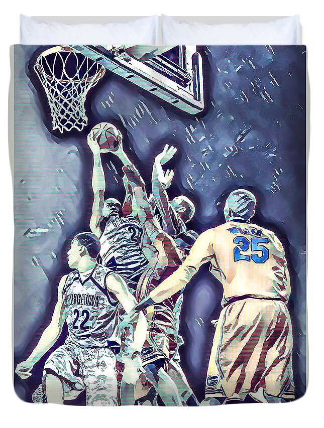 Basketball Player In Action Duvet Cover featuring the painting Basketball player in action by Jeelan Clark