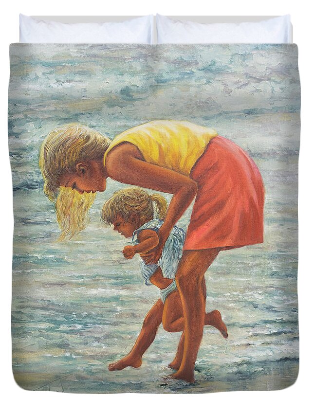 Mother And Child At Beach Duvet Cover featuring the painting Forever Memories by Lynne Pittard