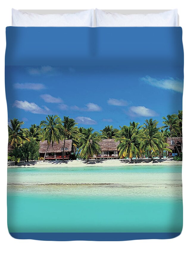Water's Edge Duvet Cover featuring the photograph Beach Huts, Aitutaki, Cook Islands by Peter Adams
