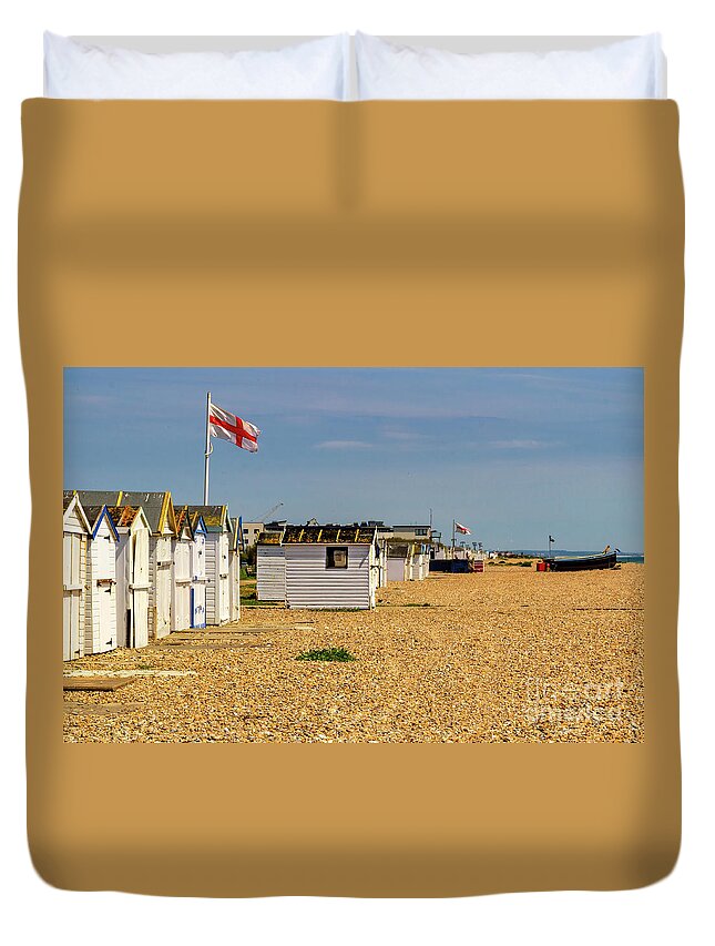 Beach Duvet Cover featuring the photograph Beach Huts with Flags by Roslyn Wilkins