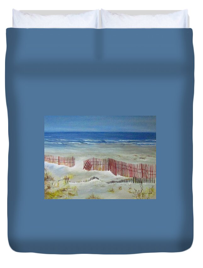 Painting Duvet Cover featuring the painting Beach With Red Fence by Paula Pagliughi
