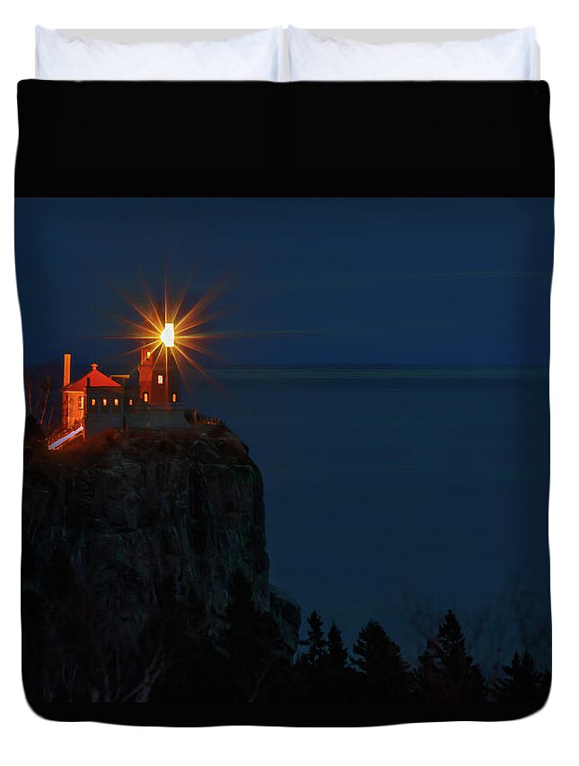 Lighthouse Duvet Cover featuring the photograph Beacon in the Night by Susan Rissi Tregoning