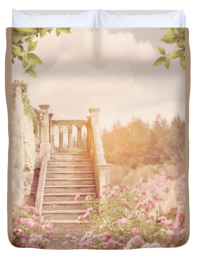 Beautiful; Floral; Flowers; Beauty; Vintage; Country; Cottage; Garden; Staircase; Steps; Outside; Colour; Color; Bright; Old Fashioned; Roses; Rose; Live; Estate; Grounds Duvet Cover featuring the photograph Beautiful Old Fashioned, Floral Staircase In Country Garden Grounds by Ethiriel Photography