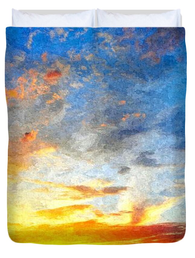 Background Duvet Cover featuring the photograph Beautiful sunset in landscape in nature with warm sky, digital a by Joaquin Corbalan