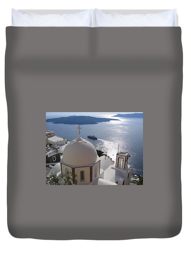 Scenics Duvet Cover featuring the photograph Beautiful View From Fira Santorini by Pedre