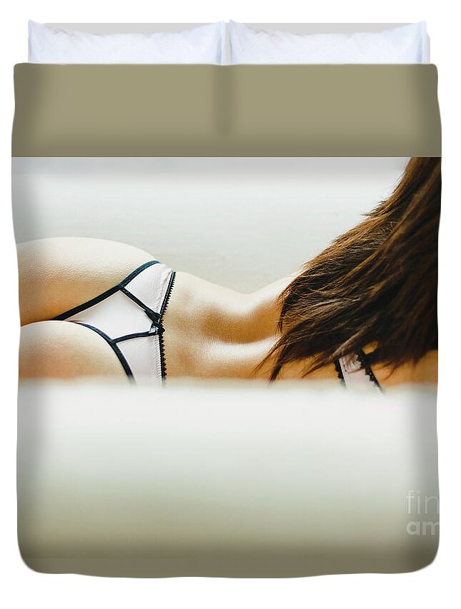 Beauty girl with black thong panties, showing sexy ass. Back view Duvet  Cover by Joaquin Corbalan - Pixels