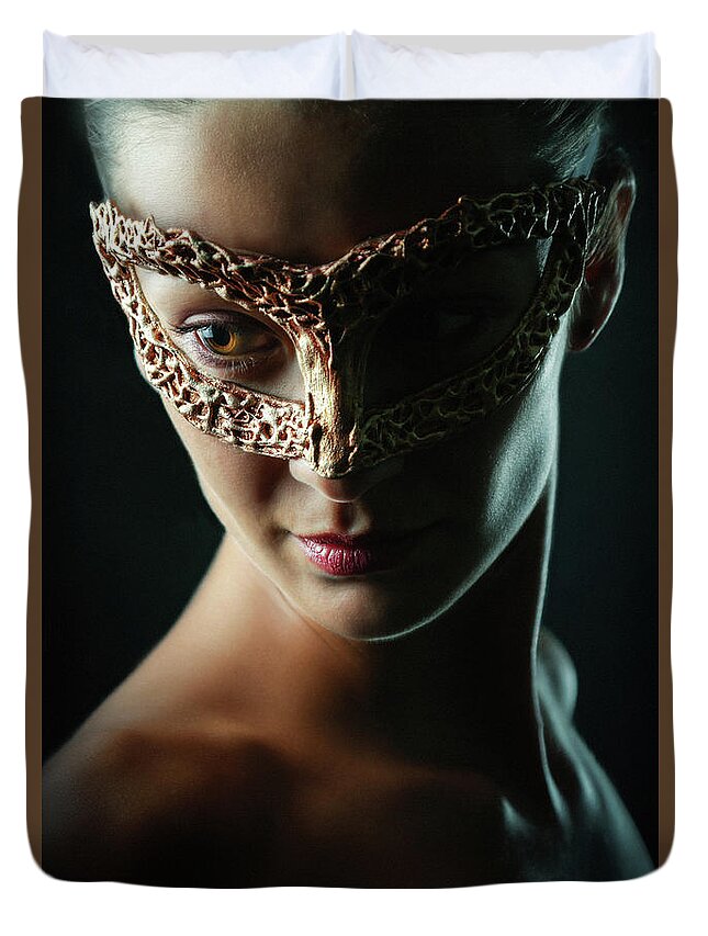Art Duvet Cover featuring the photograph Beauty model woman wearing masquerade carnival mask by Dimitar Hristov