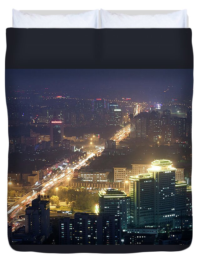 Tranquility Duvet Cover featuring the photograph Beijing Cityscape At Night, Aerial by Matteo Colombo