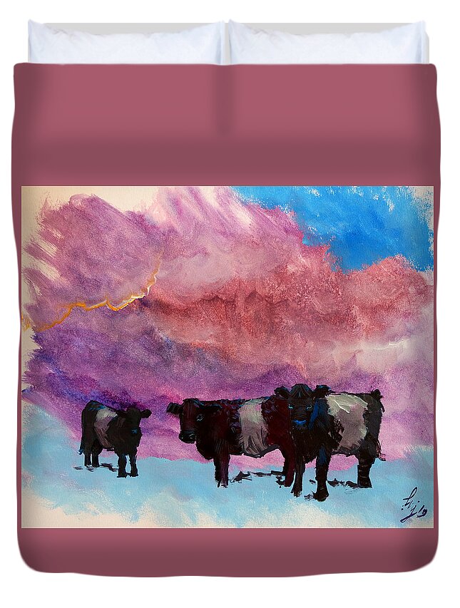 Belted Galloway Cow Duvet Cover featuring the painting Belted galloway cows purple cloudy sky painting by Mike Jory
