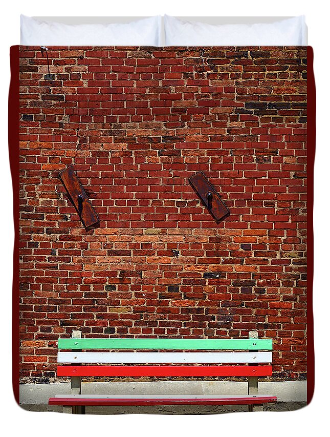 Bench Duvet Cover featuring the photograph Bench in Colours of Italian Flag Little Italy Baltimore by James Brunker