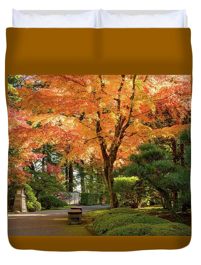 Garden Duvet Cover featuring the photograph Bench in Japanese Garden by Jean Noren