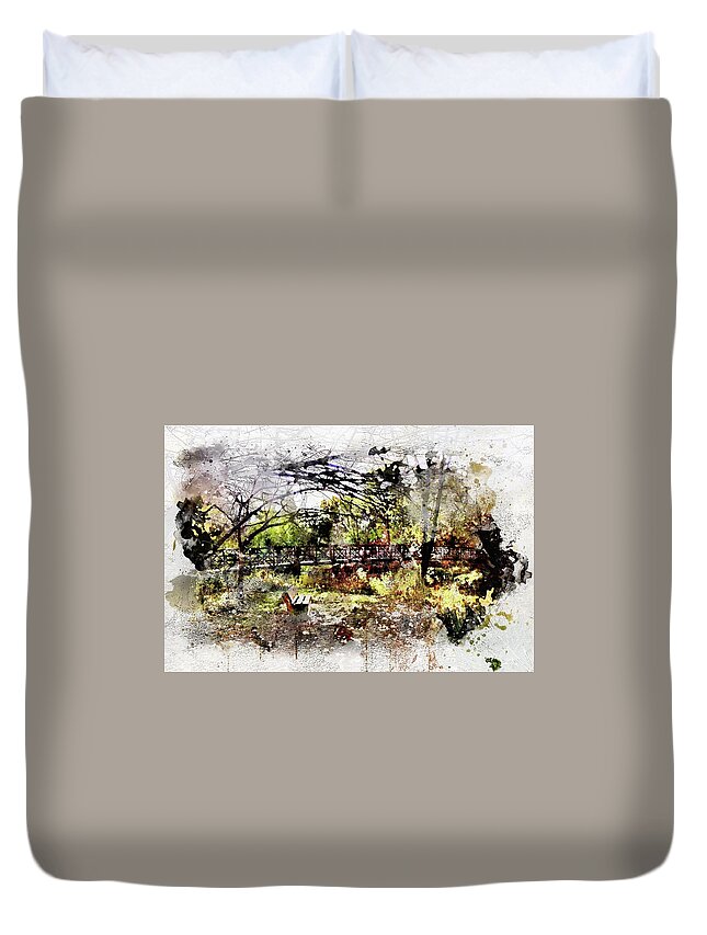Rochester Duvet Cover featuring the digital art Bench on the River Watercolor by Michael Thomas
