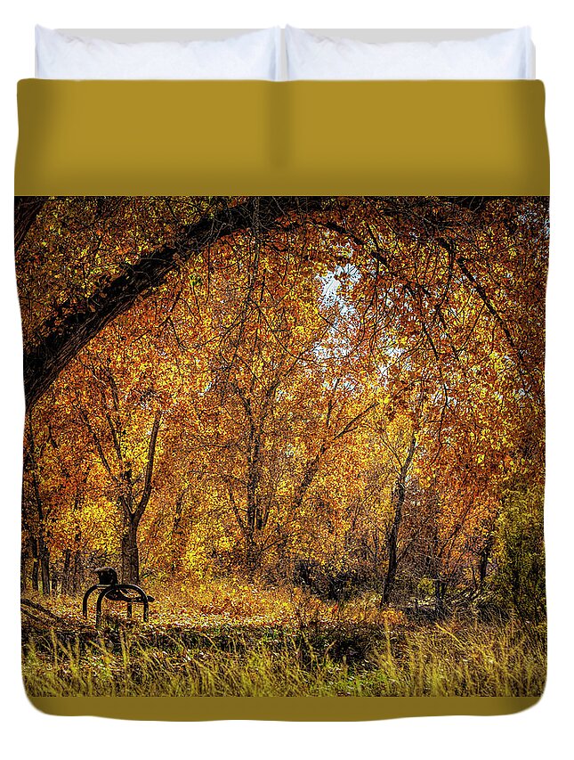 Photographs Duvet Cover featuring the photograph Bench with Autumn Leaves by John A Rodriguez