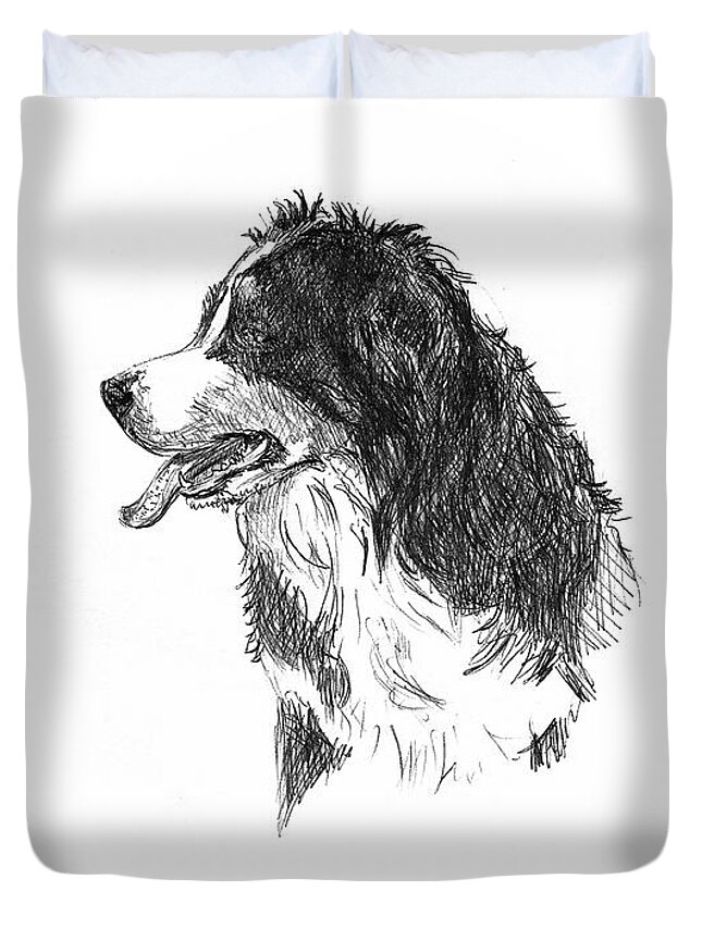 Bernese Mountain Dog Duvet Cover featuring the drawing Bernese Mountain Dog by Masha Batkova