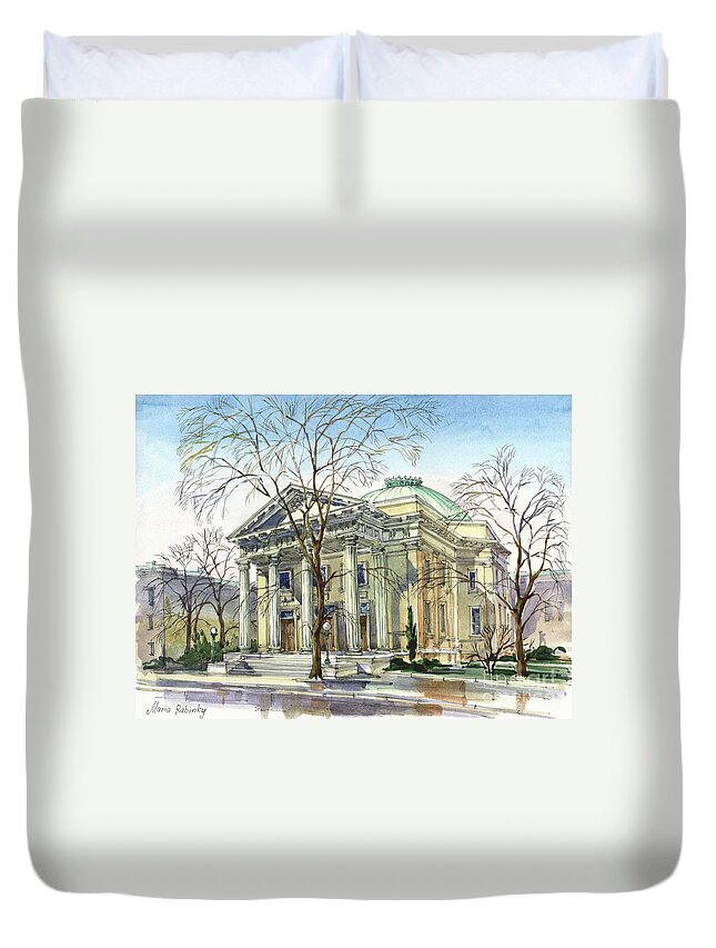 Beth Ahabah; Synagogue; Sunny; Spring; Architecture; Building; Celebrating Jewish Holiday; Jewish; Watercolor; Painting; Maria Rabinky; Rabinky; Rabinsky Duvet Cover featuring the painting Beth Ahahah by Maria Rabinky