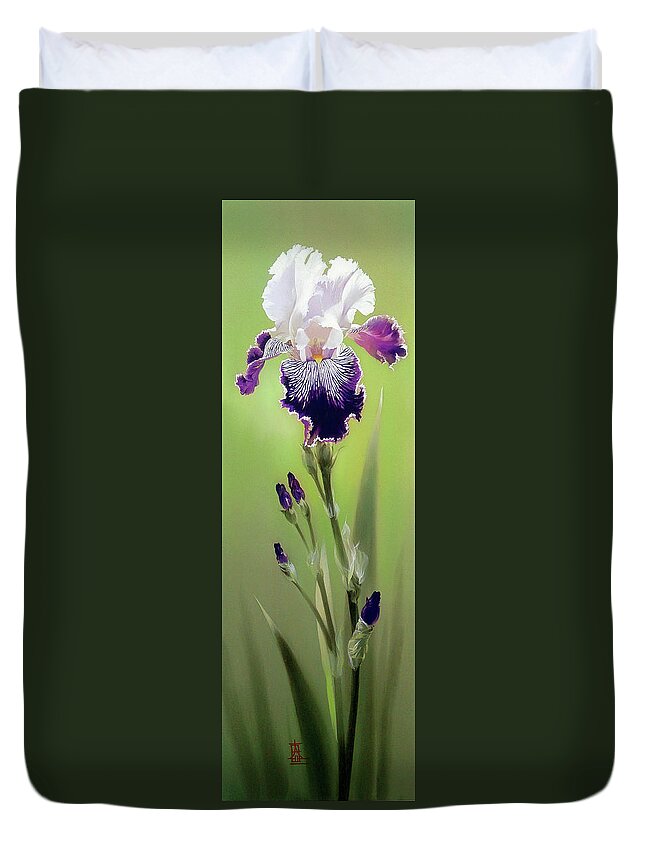 Russian Artists New Wave Duvet Cover featuring the painting Bi-colored Iris Flower by Alina Oseeva