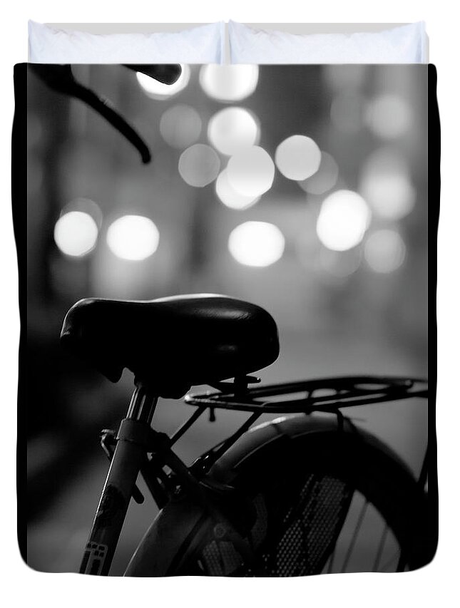 Osaka Prefecture Duvet Cover featuring the photograph Bicycle On Street At Night In Osaka by Freedom Photography