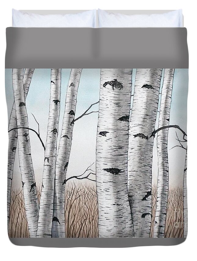 Birch Duvet Cover featuring the painting Birch Trees in Early Winter in Watercolor by Christopher Shellhammer