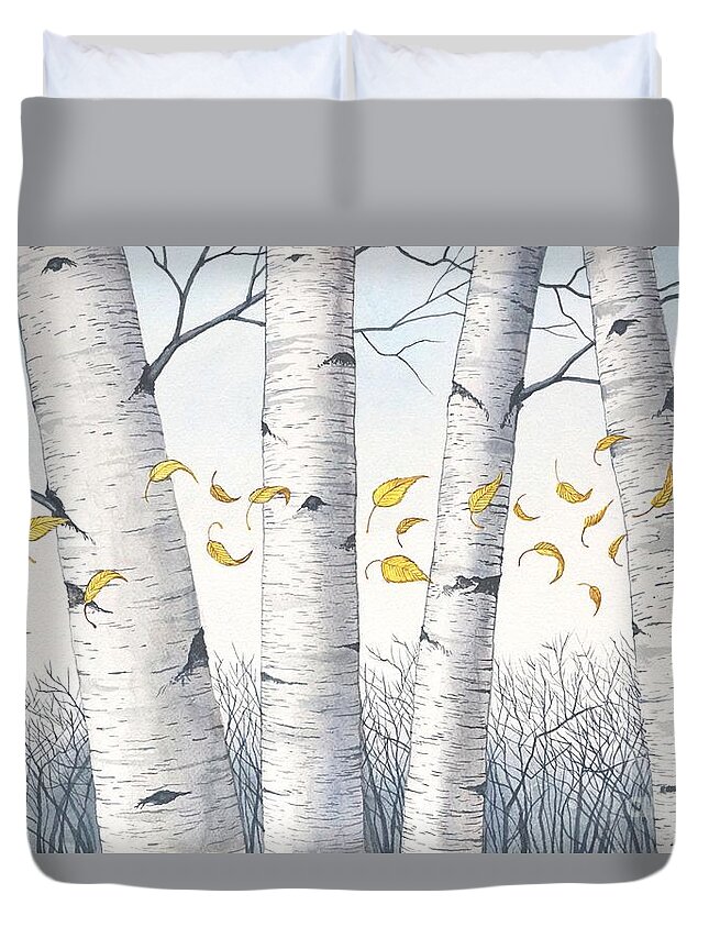Birch Duvet Cover featuring the painting Birch Trees with flowing leaves in watercolor by Christopher Shellhammer